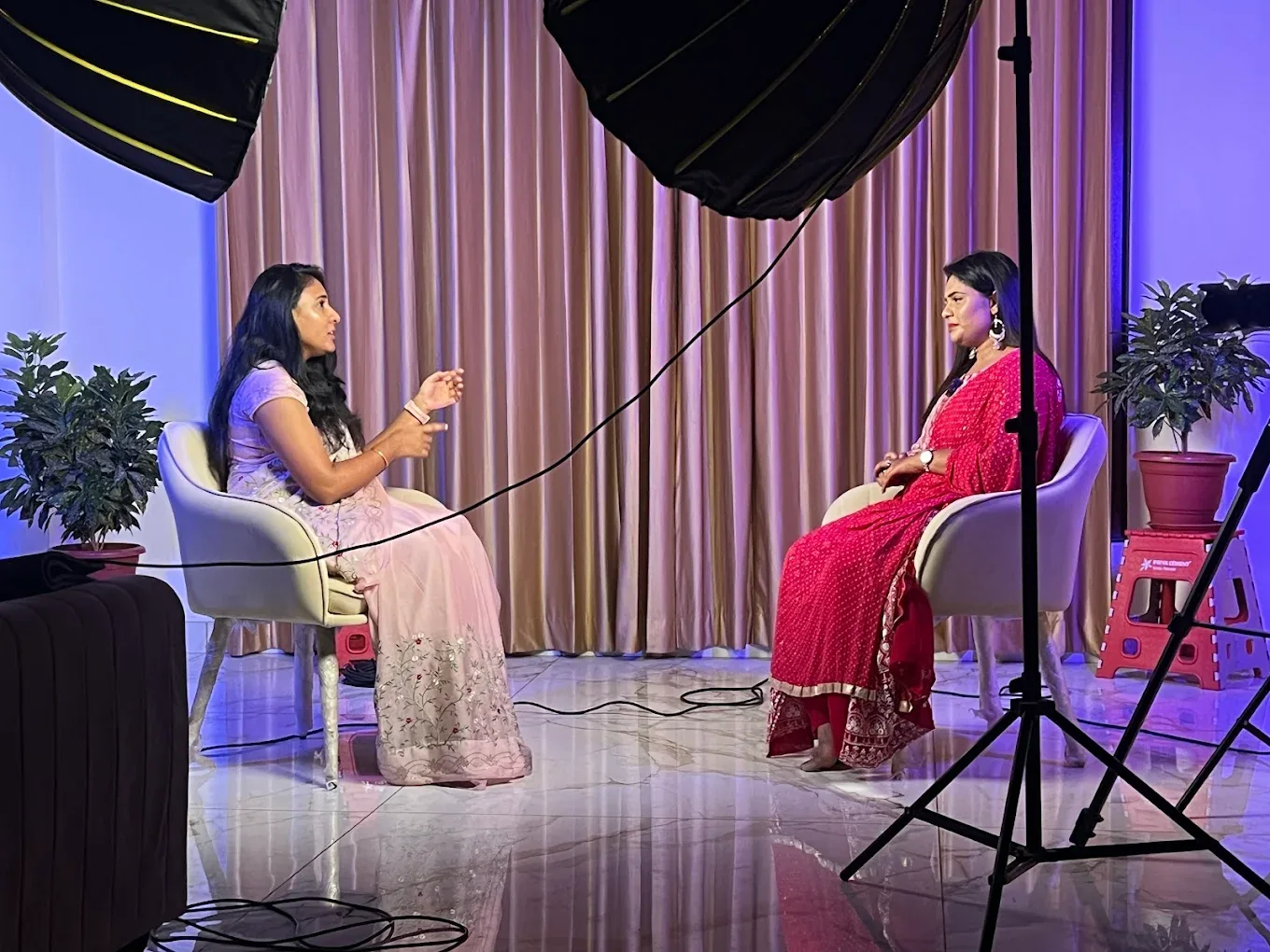 Two-camera studio interview setup with lighting at SpaceKey